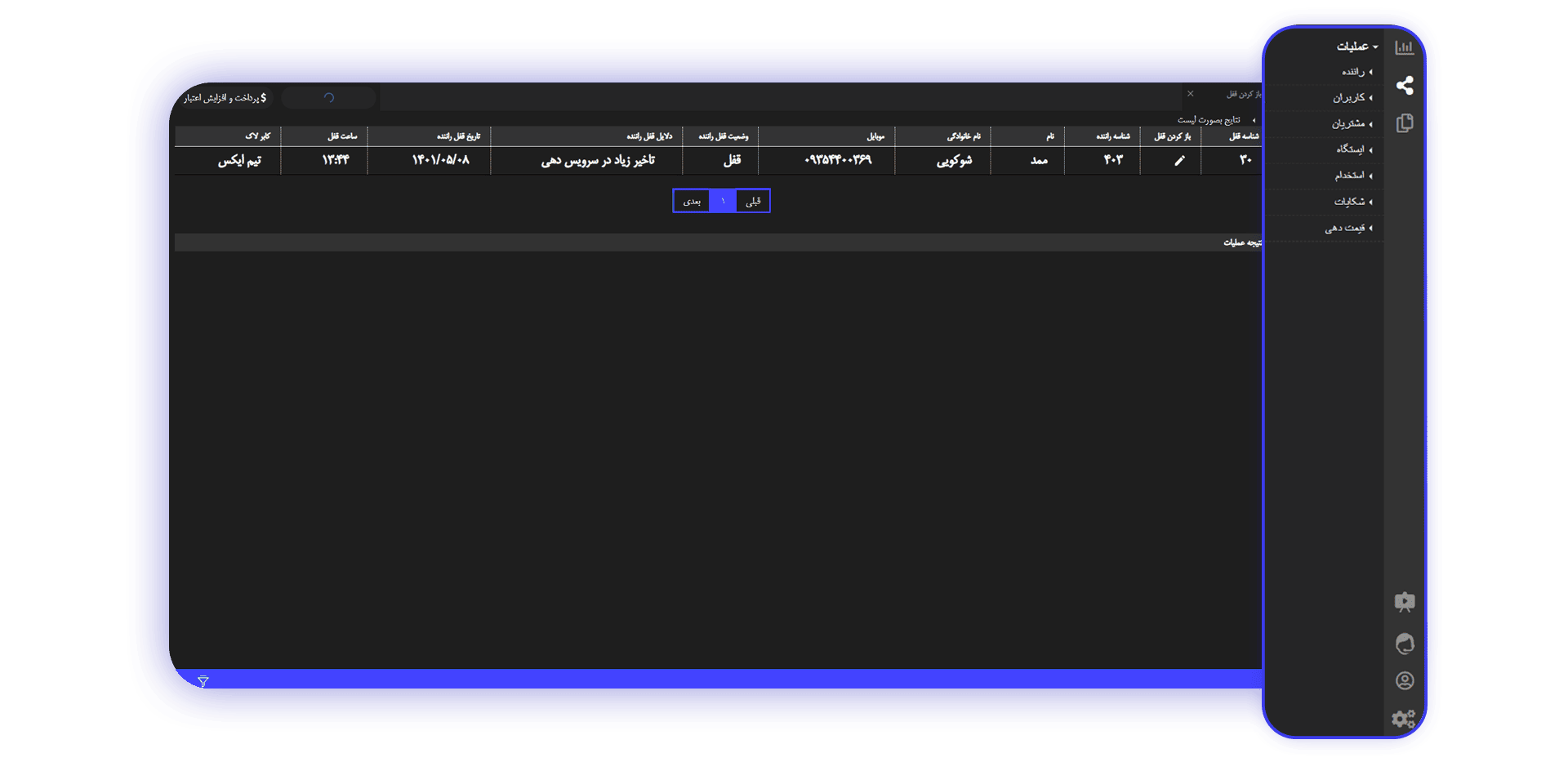 عملیات  در پنل مدیریت تاکسی اینترنتی